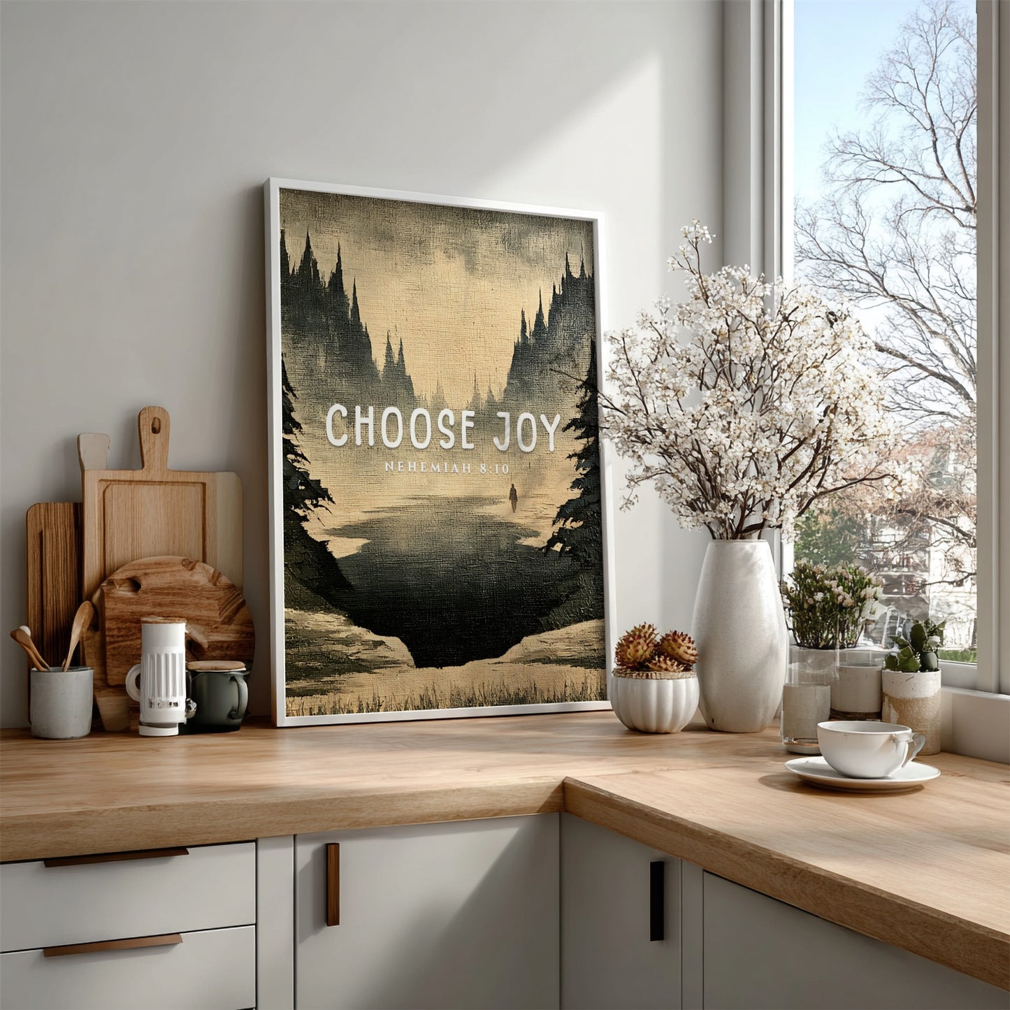 Choose Joy poster featuring a serene landscape in muted tones, inspirational wall art based on Nehemiah 8:10.