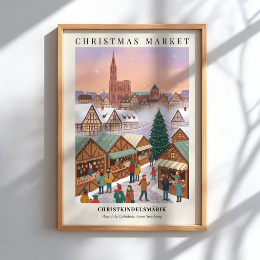 Christmas market poster featuring the Strasbourg cathedral with timber-framed houses and winter shoppers