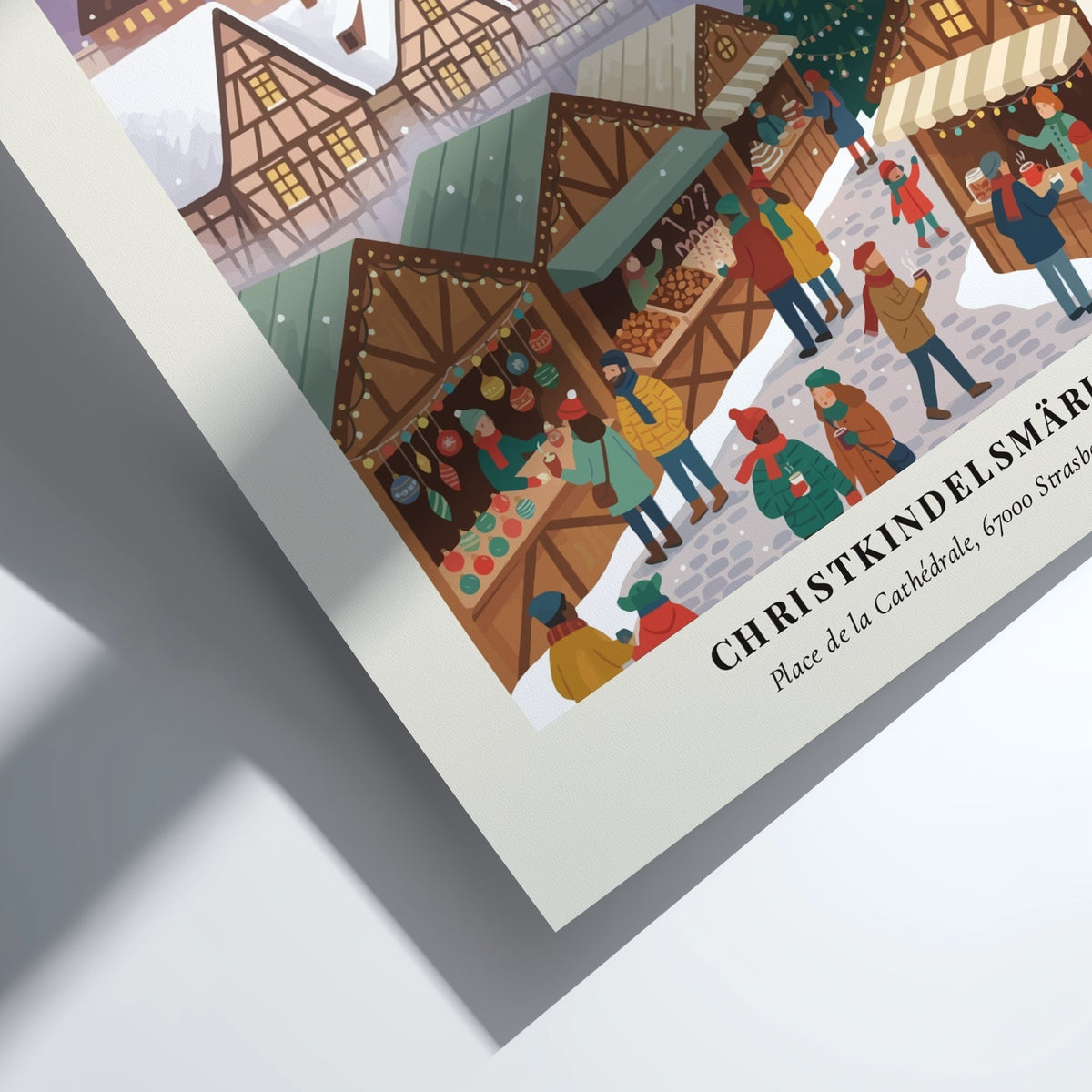 Christmas market poster featuring the Strasbourg cathedral with timber-framed houses and winter shoppers