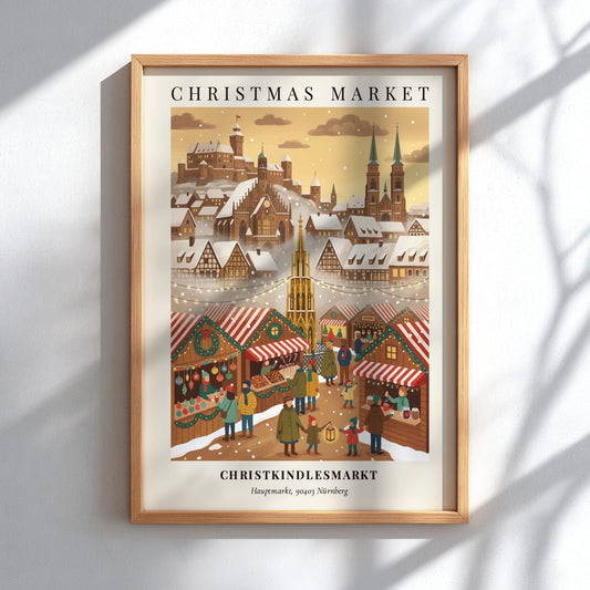 Poster of the Nürnberg Christkindlesmarkt featuring snow-covered buildings and festive market stalls in