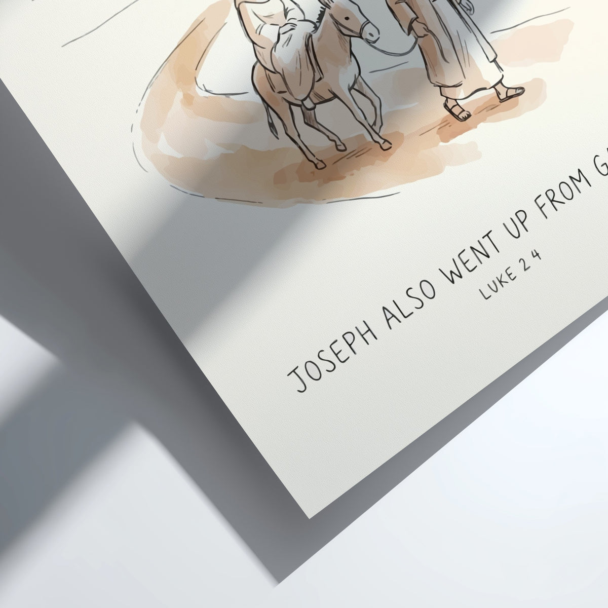 Poster featuring Joseph leading a donkey with Mary towards a village under a star.