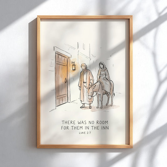 Christmas poster featuring a line drawing of Mary and Joseph on a donkey.