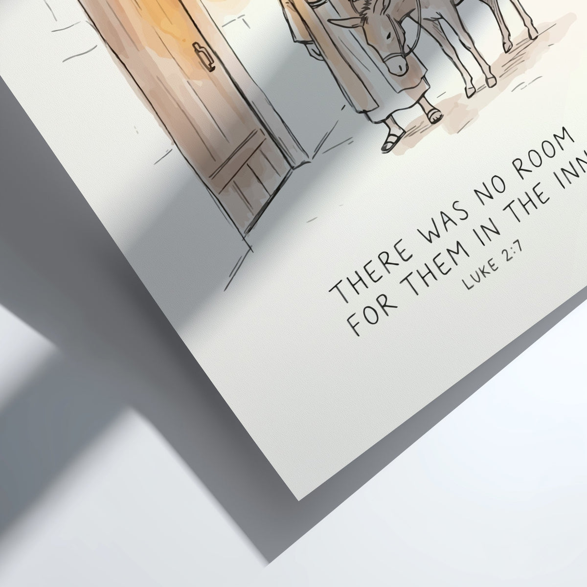 Christmas poster featuring a line drawing of Mary and Joseph on a donkey.