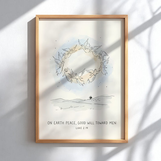 Poster featuring angels in a circle with On Earth Peace Good Will Toward Men
