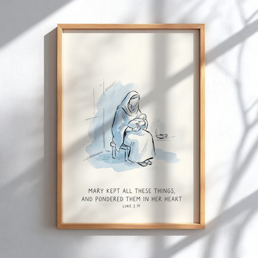 Poster featuring a soft watercolour illustration of Mary holding baby Jesus by candlelight.