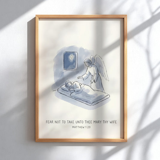 Poster featuring an angel visiting a sleeping man under a star, soft blue illustration.