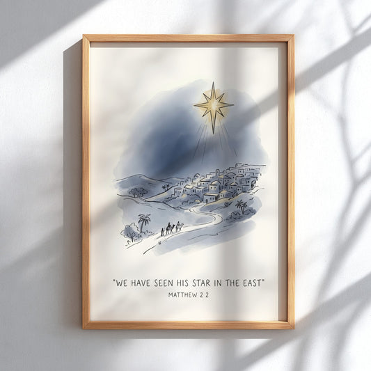 Poster featuring a watercolour scene of travellers walking towards a village under a star.