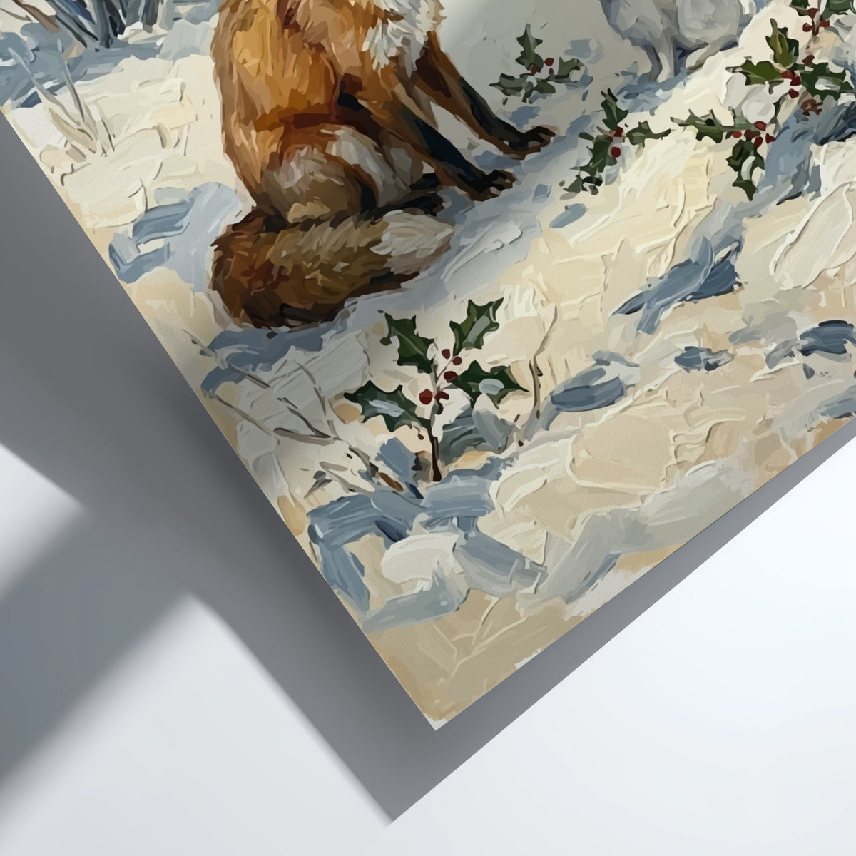 Poster featuring a textured oil painting of a red fox meeting a white rabbit