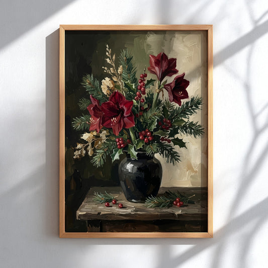 Poster featuring deep red amaryllis flowers with pine boughs and holly berries in vase