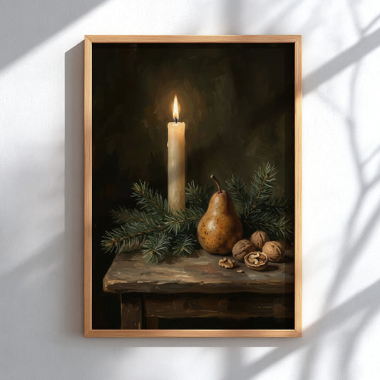 Poster featuring a candle with a lit flame beside a pear and walnuts