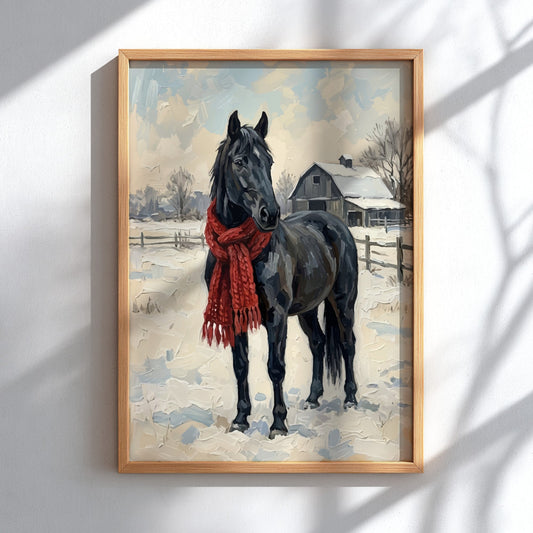 Poster featuring a black horse wearing a red scarf standing in snowy farm fields.