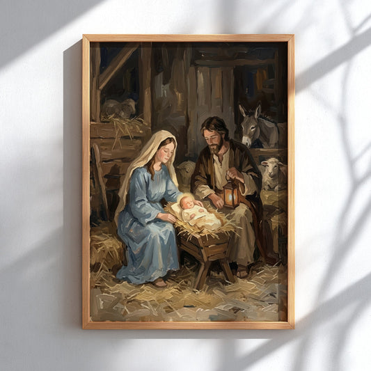 Nativity scene poster featuring Mary Joseph and baby Jesus in a lantern lit stable