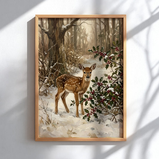 Poster featuring a spotted fawn standing in a snowy forest with holly and berries