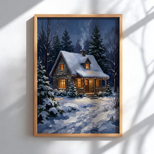 Poster of a cozy stone cabin with glowing windows in a snowy forest scene