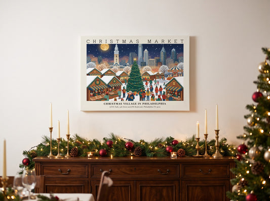 Poster of Christmas Village in Philadelphia featuring snow-covered market stalls and a large tree.