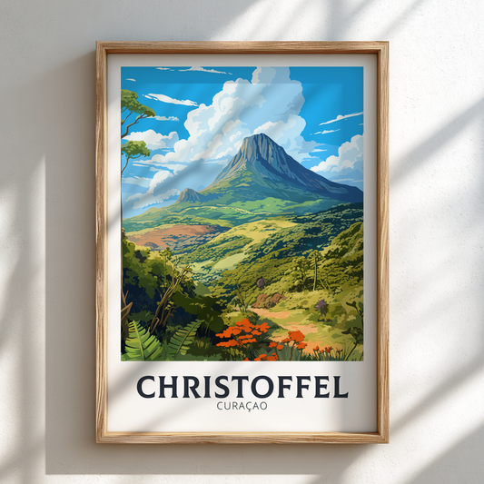 Framed artwork of a mountainous landscape with 'Christoffel' branding on a white wall.