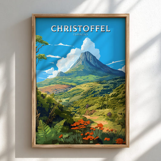 Christoffel Curacao travel poster on a light wooden frame