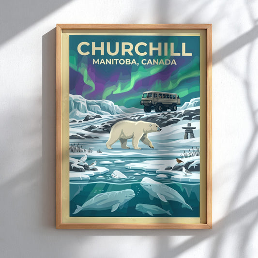 Travel poster of Churchill Manitoba featuring a polar bear, beluga whales, and aurora.