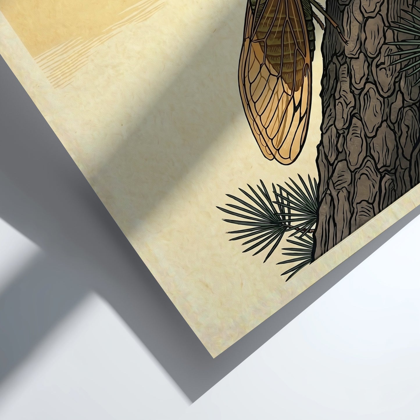 Japanese art style poster featuring a cicada on pine bark with intricate details and natural colors