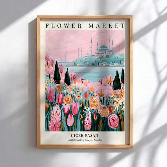 Flower Market artwork featuring colorful flowers and Istanbul skyline, vibrant illustration style