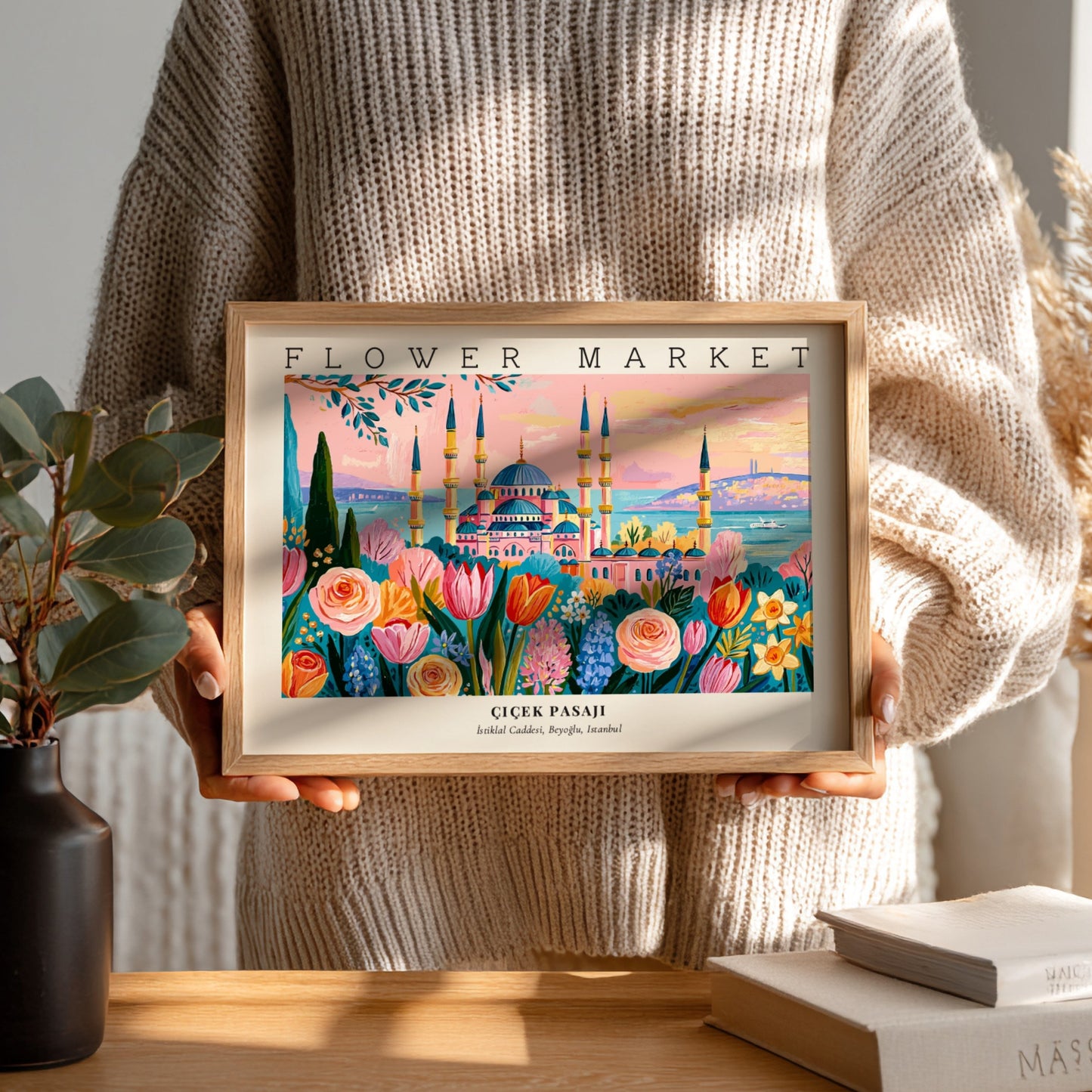 Flower market poster featuring vibrant flowers and Istanbul skyline in a colorful art style