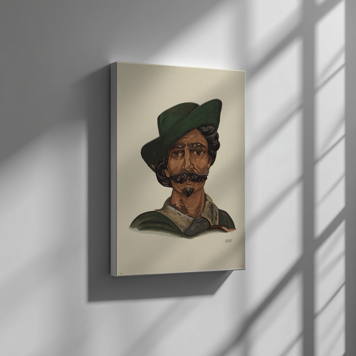 Vintage poster of a man with a green hat and mustache, illustration style.