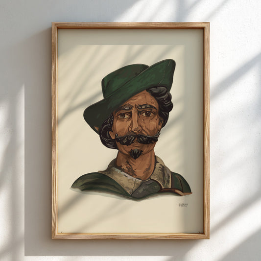 Vintage poster of a man with a green hat and mustache, illustration style.