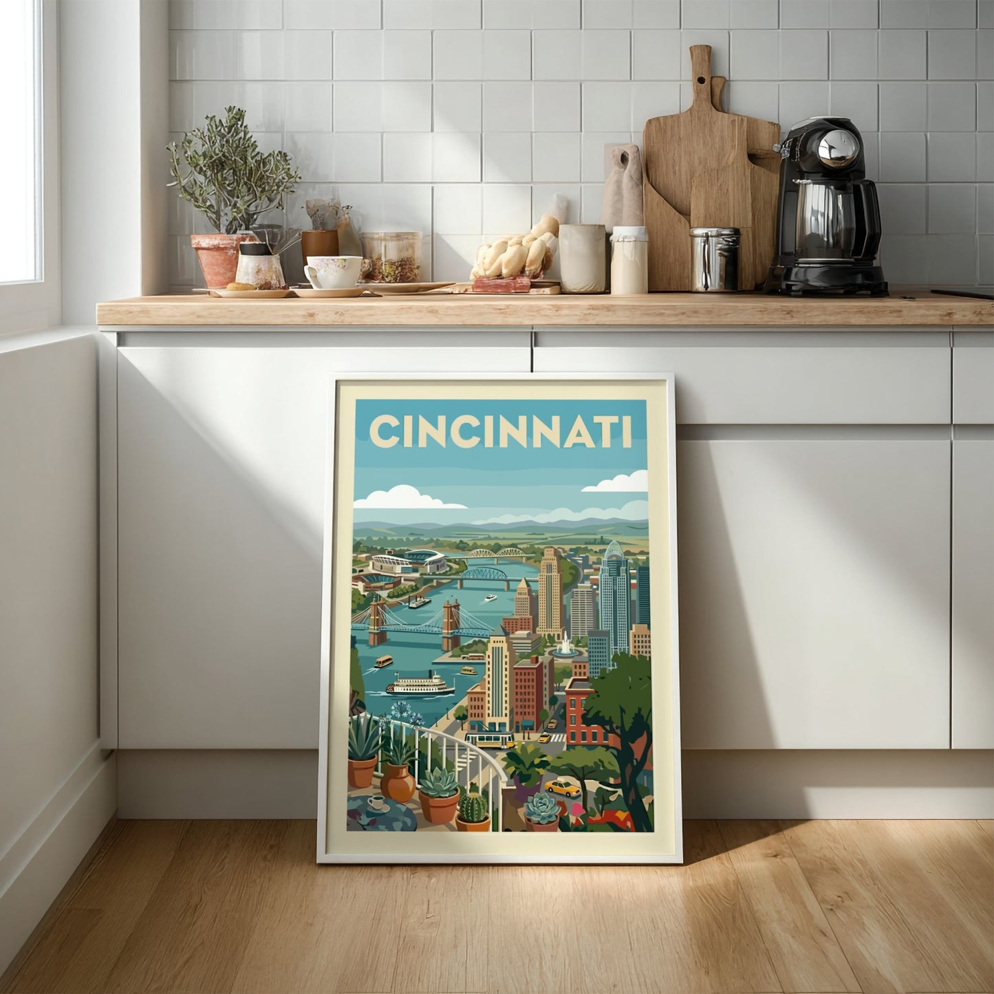 Cincinnati cityscape art print with retro style, showing skyline, bridges, and river in a warm color palette.