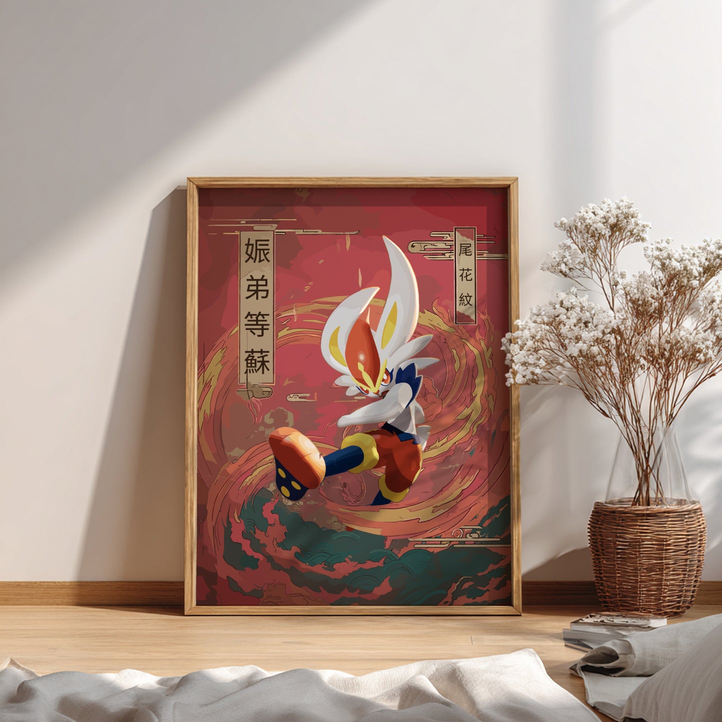 Framed artwork of Cinderace Pokemon character with a red background on a wall.