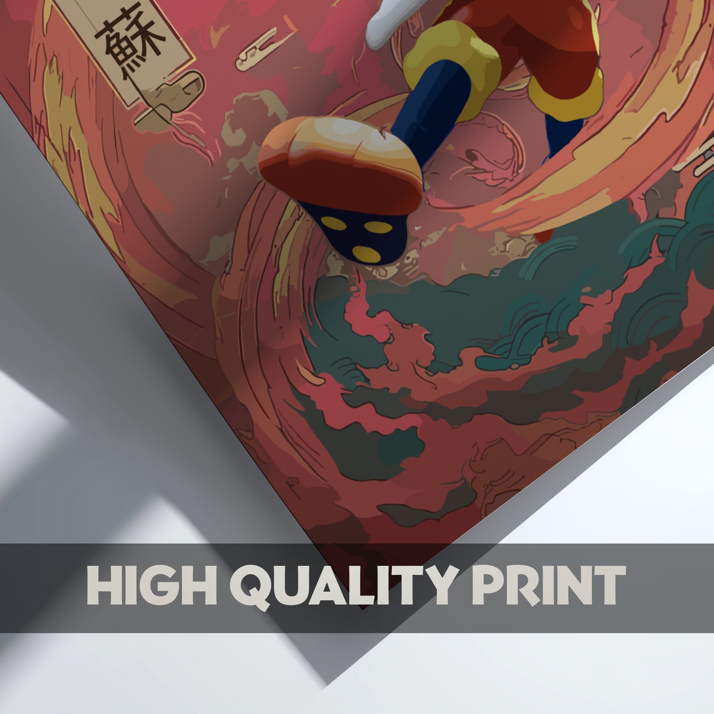 Colorful Cinderace Pokemon graphic with swirling design on a red background, labeled 'High Quality Print'.