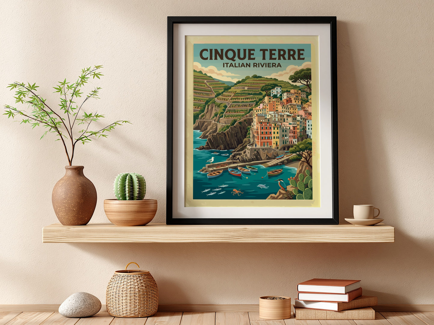 Travel poster featuring the colorful houses of Cinque Terre on the Italian Riviera coast