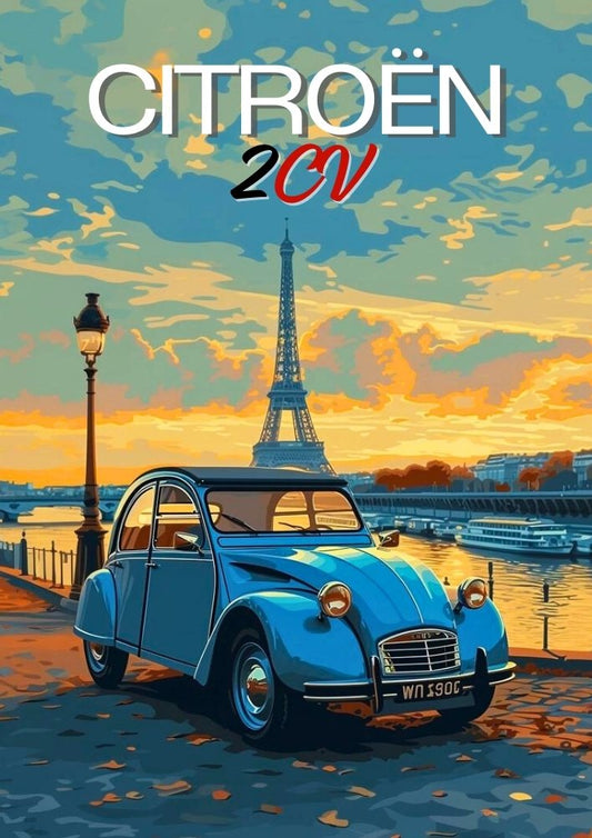 Affiche vintage Citroën 2CV des années 1950 – Impression d'art mural de voiture française classique