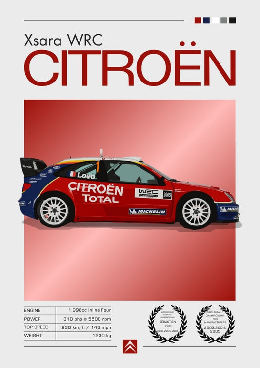 Affiche Citroën Xsara WRC – Décoration murale de voiture de rallye des années 2000