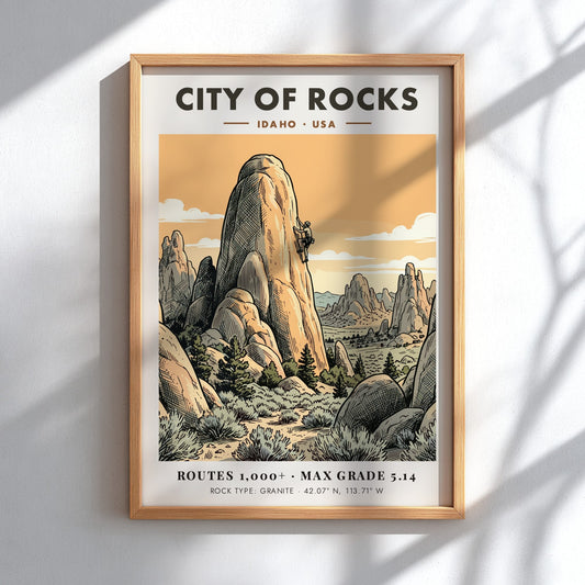 City of Rocks climbing poster featuring a lone climber on granite Idaho spires.