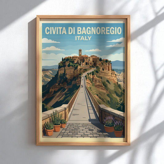 Poster of Civita di Bagnoregio showing a hilltop town and bridge in Italy.