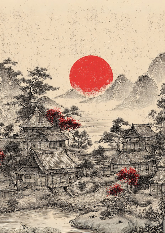 Traditional Japanese landscape with red sun and buildings.