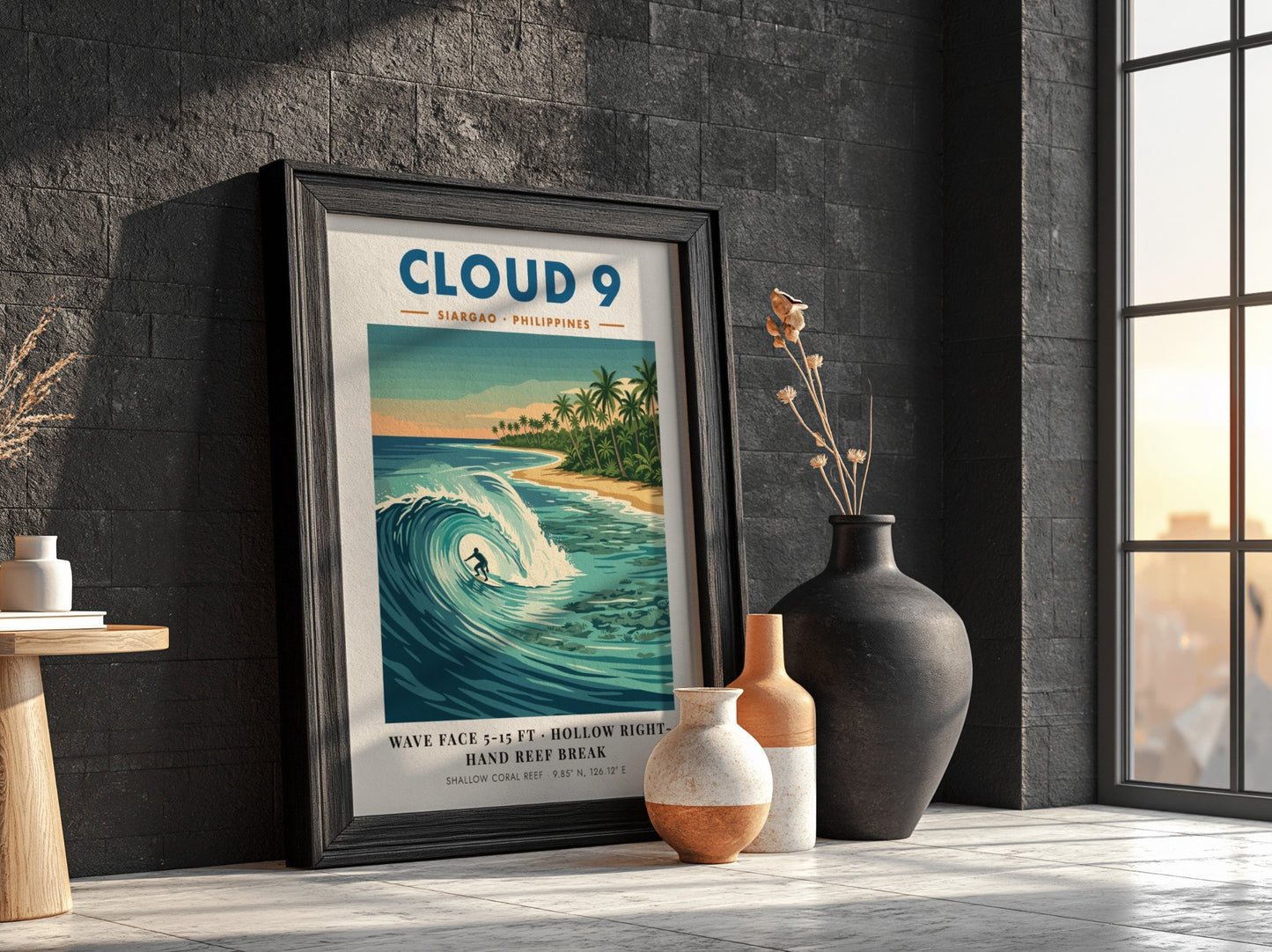 Travel poster of Cloud 9 Siargao with a surfer riding a turquoise wave
