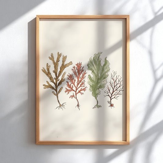 Poster featuring four detailed seaweed specimens in shades of brown, red, and sage green.