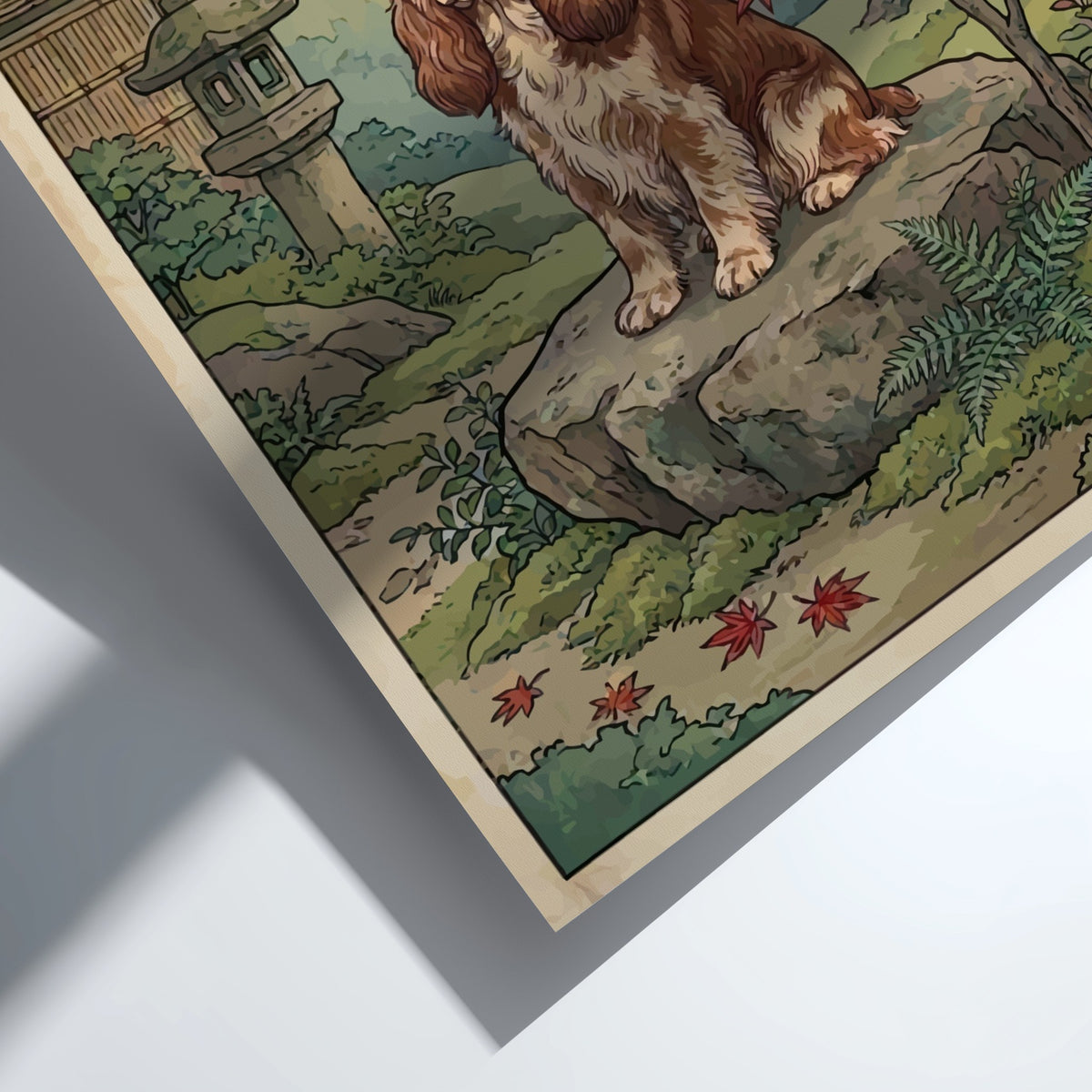 Poster featuring a Cocker Spaniel sitting on a stone in Japanese woodblock style