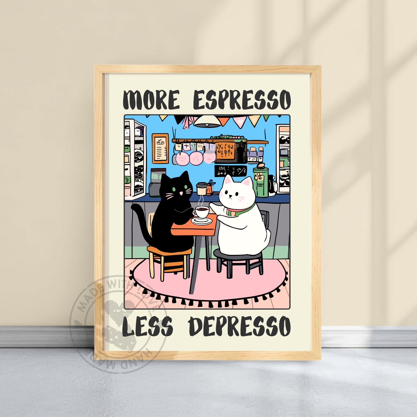 More Espresso Less Depresso – Funny Black Cat Coffee Print, Coffee Lover Wall Art, Kitchen Decor, Handmade Cat Poster