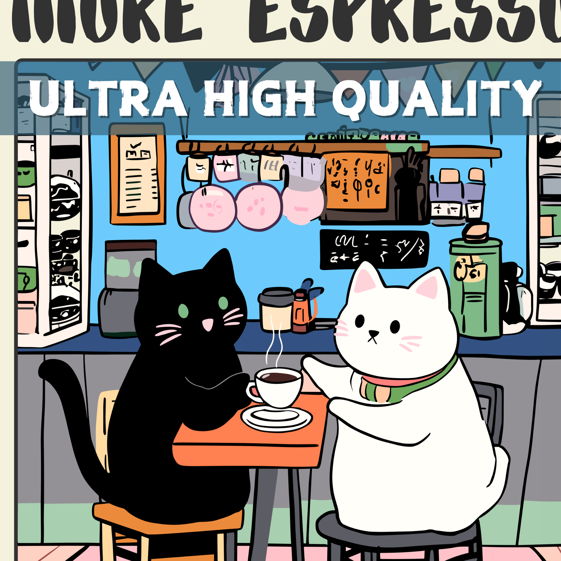 More Espresso Less Depresso – Funny Black Cat Coffee Print, Handmade Cat Poster, Coffee Bar Decor, Unique Gift
