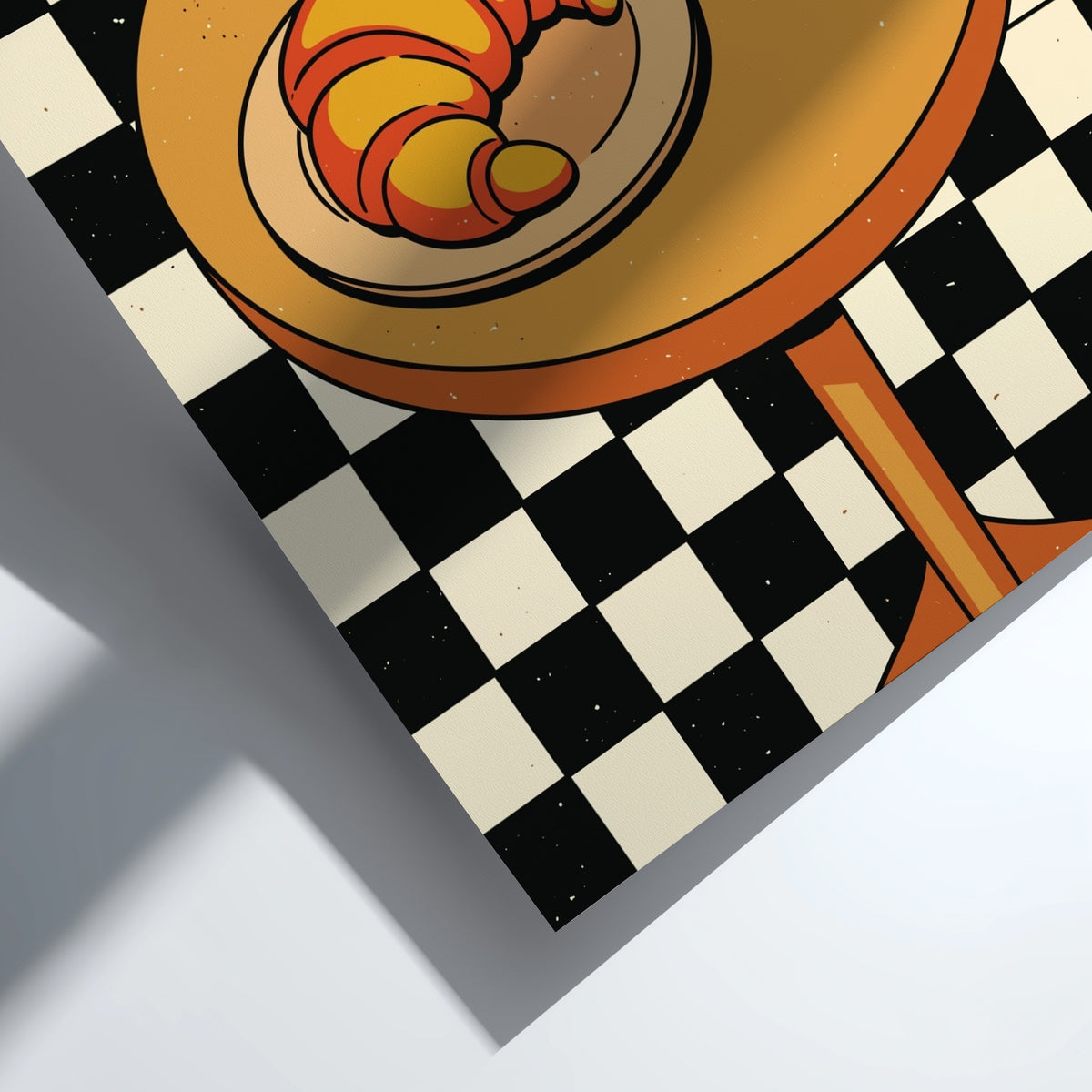 Poster featuring a golden croissant and coffee cup on a table with checkered background