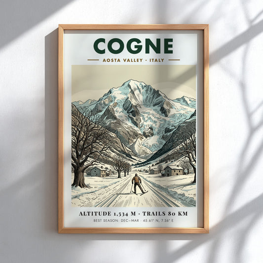 Poster of Cogne Aosta Valley showing a skier on snowy trails beneath mountain peaks.