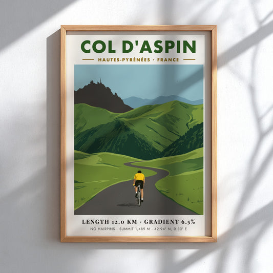 Cycling poster featuring a rider on a mountain road at Col D'aspin France
