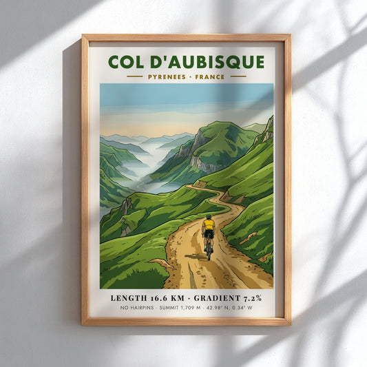Poster of a cyclist climbing the scenic Col D'aubisque road in the Pyrenees mountains.
