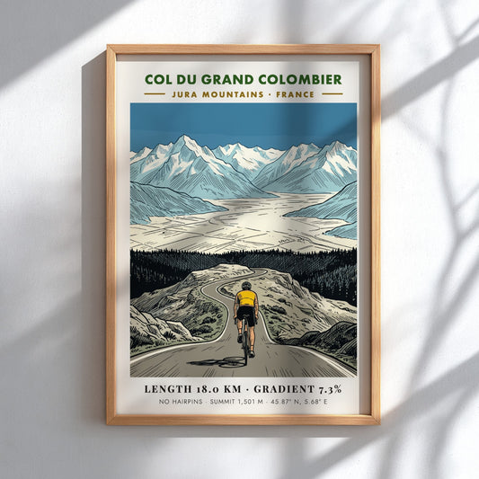 Poster of a cyclist climbing the Col Du Grand Colombier in the French mountains
