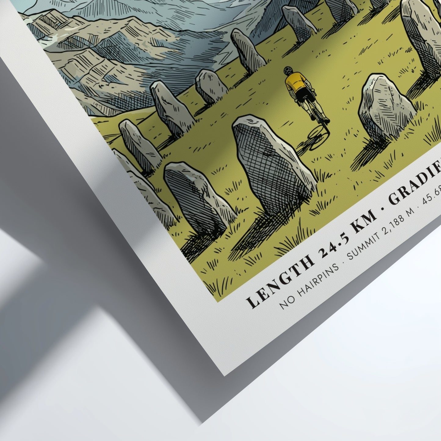 Poster featuring a cyclist riding past ancient stone monoliths in the Aosta Valley mountains.