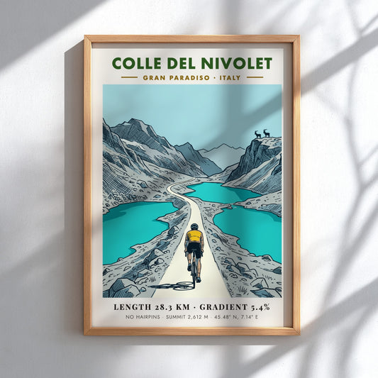 Poster of a cyclist climbing the Colle Del Nivolet in the Italian Gran Paradiso.