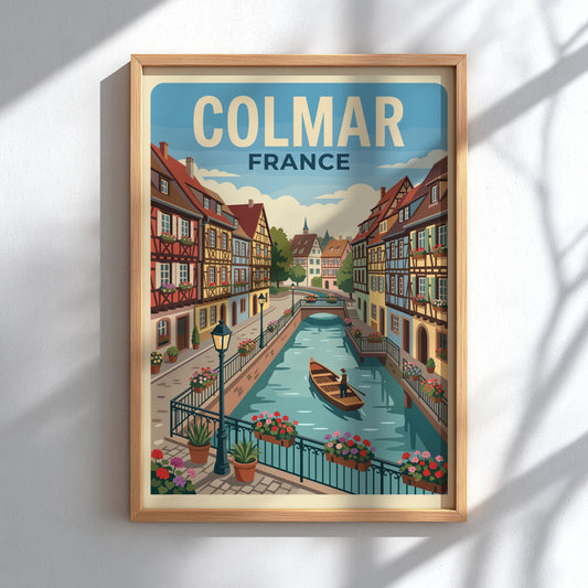 Travel poster of Colmar France featuring colorful timber-framed houses along a canal with boat