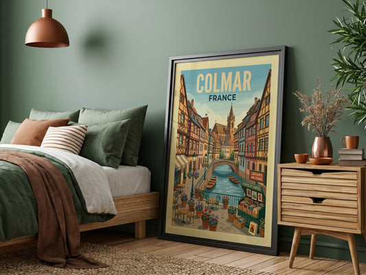 Colmar, France canal travel poster with half-timbered houses and boats in a vibrant, European style.